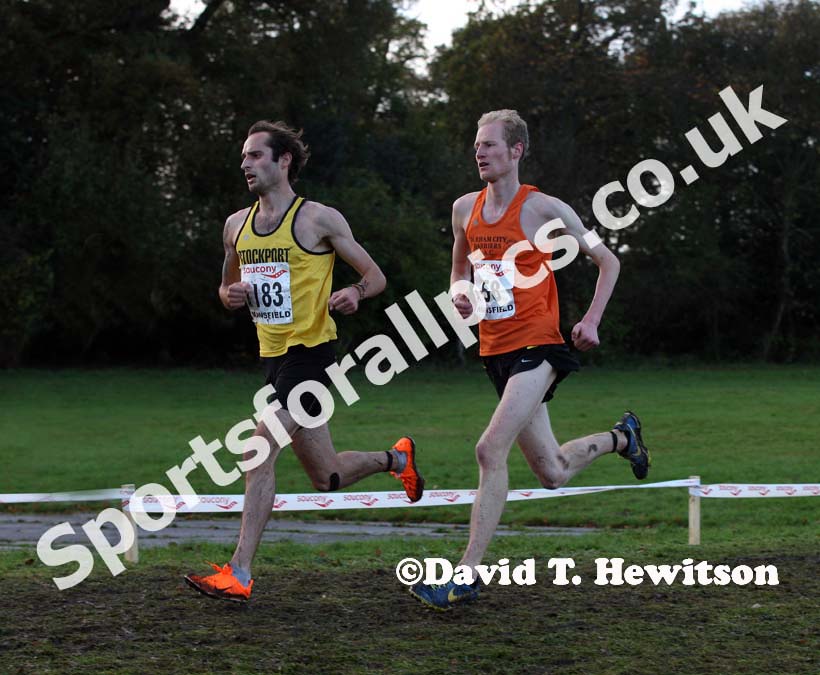 Alex O'Gorman (Stockport) 2nd and Dan Garbutt (Durham City) 3rd on the first leg of the National Cross Country Relays, Berry Hill Park, Mansfield. Photo: David T. Hewitson/Sports for All Pics